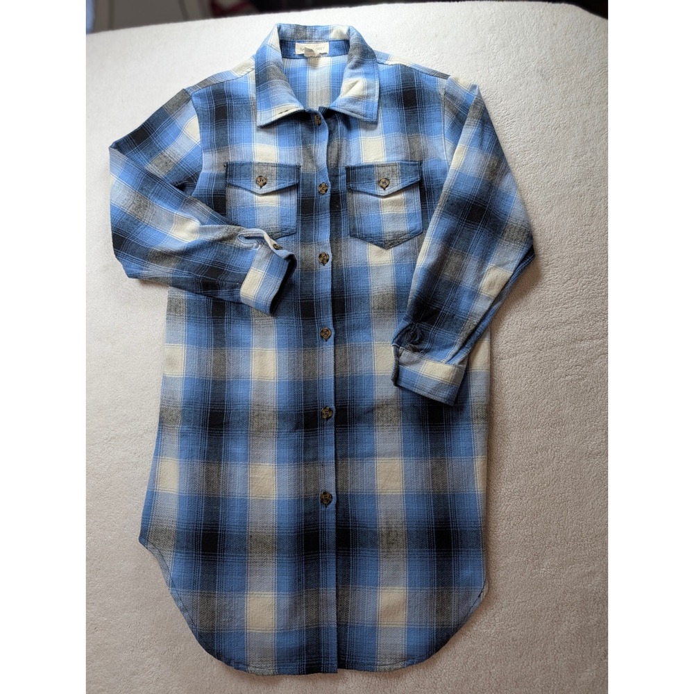 Happily Grey Blue Plaid Longline Flannel Shirt Jacket Shacket Womens Large